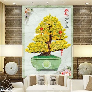 Tranh chậu bonsai psd cây mai vàng bên câu đối phú quý