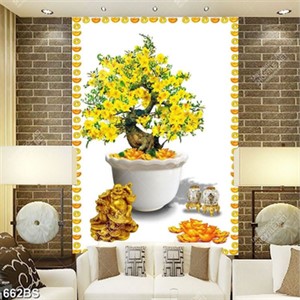 Tranh chậu bonsai in uv cây mai vàng bên tượng phật di lặc