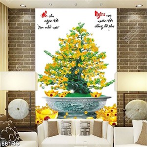 Tranh chậu bonsai dán tường hoa mai vàng bên núi vàng
