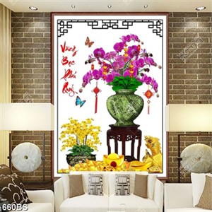 Tranh chậu bonsai nghệ thuật hoa phong lan tím khoe sắc