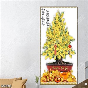 Tranh chậu bonsai psd cây mai vàng nở rộ vinh hoa phú quý
