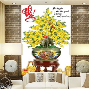 Tranh chậu bonsai dán tường cây mai vàng bên chữ phúc