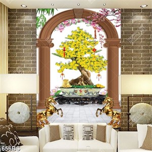 Tranh chậu bonsai phong thủy cây mai vàng bên tượng mã
