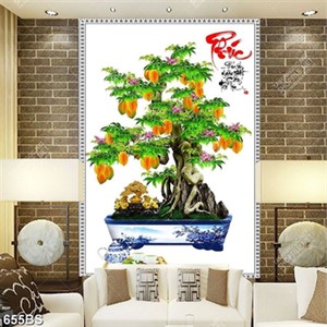 Tranh chậu bonsai tài lộc cây khế sai quả bên chữ phúc