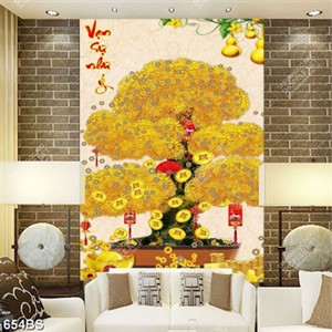 Tranh chậu bonsai cây kim tiền bên trái bầu vàng treo tường