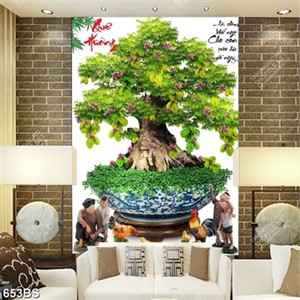 Tranh chậu bonsai cây khế sai quả bên tượng gà trống in 3d