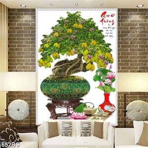 Tranh chậu bonsai trang trí cây khế sai quả bên bình hoa sen