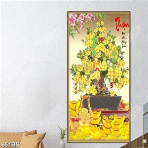 Tranh chậu bonsai cây mai vàng khoe sắc đôi huơu in canvas