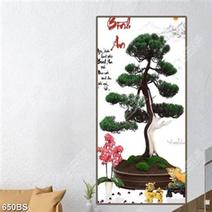 Tranh chậu bonsai nghệ thuật cây tùng bên tượng sư tử vàng