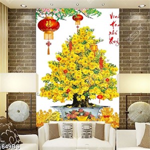 Tranh chậu bonsai cây mai vàng dưới những lồng đèn psd