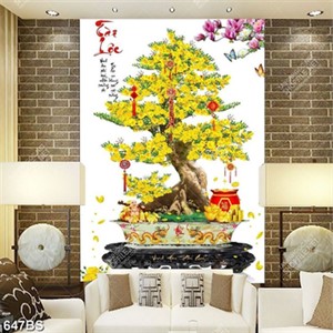Tranh chậu bonsai dán tường cây mai vàng bên chữ tài lộc