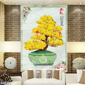 Tranh chậu bonsai phong thủy cây mai vàng bên mẫu đơn