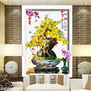 Tranh chậu bonsai tài lộc cây mai vàng bên bình hoa lan