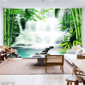 Tranh phong thủy thác nước bên rừng tre
