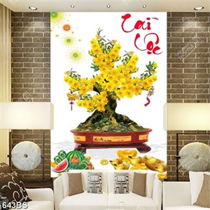 Tranh chậu bonsai cây mai vàng bên trái dưa hấu đỏ in 3d
