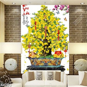 Tranh chậu bonsai trang trí cây mai vàng bên cành mộc lan