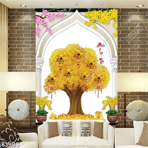 Tranh chậu bonsai psd cây đồng tiền vàng và chậu hoa lan