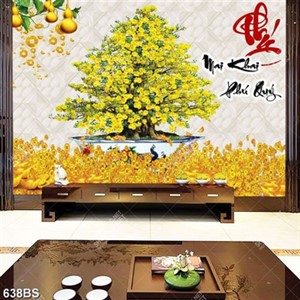 Tranh chậu bonsai in uv cây mai vàng bên dàn bầu dáp vàng