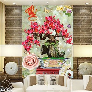 Tranh chậu bonsai dán tường cây hoa đào bên đôi chim công