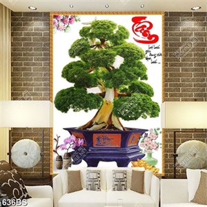 Tranh chậu bonsai cây tùng phong thủy bên bình hoa lan