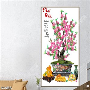 Tranh chậu bonsai treo tường cây hoa đào khoe sắc hồng Tranh chậu bonsai treo tường cây hoa đào khoe sắc hồng