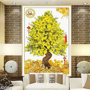 Tranh chậu bonsai cây mai vàng bên những thỏi vàng in 3d
