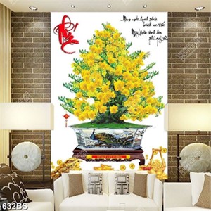 Tranh chậu bonsai cây mai vàng và tượng cóc vàng trang trí