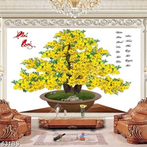 Tranh chậu bonsai in canvas cây mai vàng  bên chữ phú quý