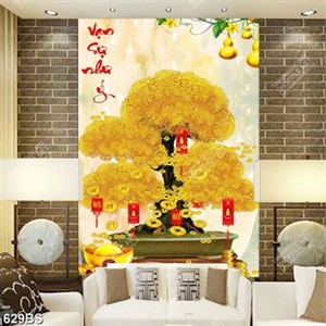 Tranh chậu bonsai psd cây đồng tiền vàng bên câu đối đỏ