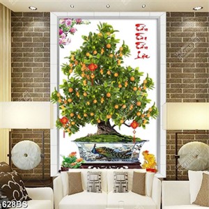 Tranh chậu bonsai in uv cây quất sai quả bên tượng ngọc