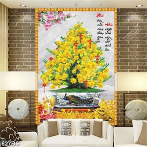Tranh chậu bonsai dán tường hoa mai vàng bên tượng cóc