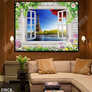 Tranh tháp Eiffel đẹp bên ô cửa sổ in kính