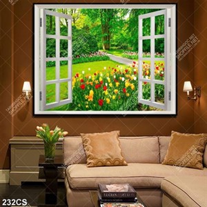 Tranh cửa sổ và vườn hoa nhiều màu đẹp hiện đại