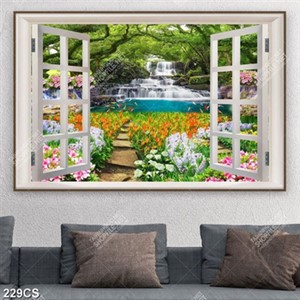 Tranh phong thủy hoa và thác bên cửa sổ trang trí phòng khách