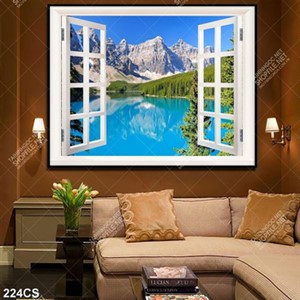 Tranh decor tường cửa sổ bên núi rừng in uv