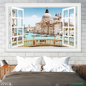 Tranh gắn tường ô cửa sổ hướng ra tòa lâu đài bên biển