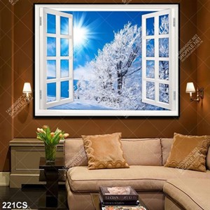 Tranh cửa sổ bên cây phủ đầy tuyết trắng đẹp decor tường