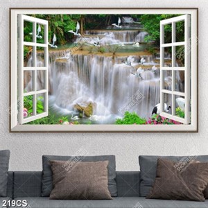 Tranh thác nước hùng vĩ bên ô cửa decor tường