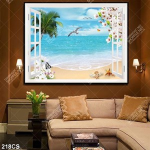 Tranh cửa sổ nhìn ra bờ biển và hoa gắn tường đẹp nhất
