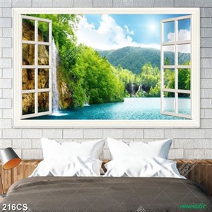 Tranh cửa sổ bên dòng sông đẹp in kính