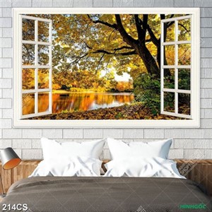 Tranh khung cửa và cây lá vàng mùa thu đẹp nghệ thuật