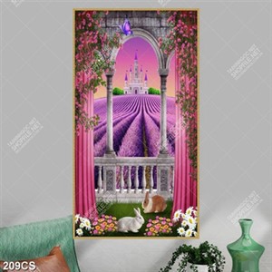 Tranh khung cửa hướng ra lâu đài và vườn hoa oải hương