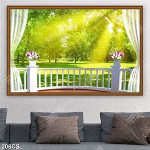 Tranh ban công nhìn ra khu vườn nắng ấm in kính
