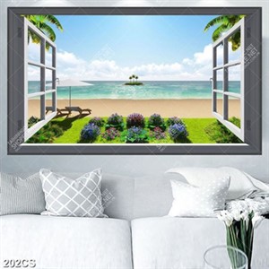 Tranh khung cửa nhỏ nhìn ra biển file gốc