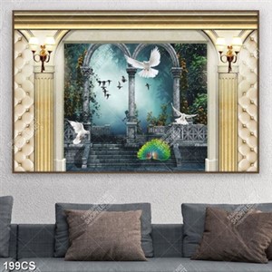 Tranh khung cửa khu vườn sương mờ ảo in kính