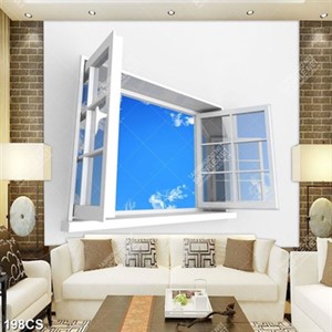Tranh 3D cửa sổ và bầu trời trong xanh