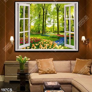 Tranh cửa sổ và khu vườn hoa file psd