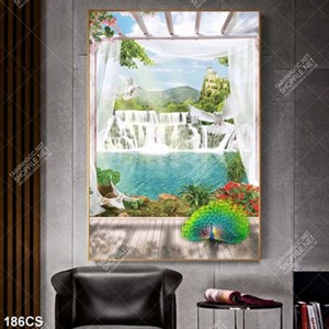 Tranh sơn thủy thác nước đẹp bên khung cửa