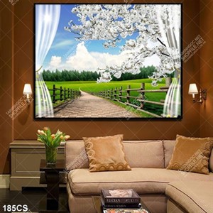 Tranh cành đào trắng nở rộ bên ô cửa chất lượng cao