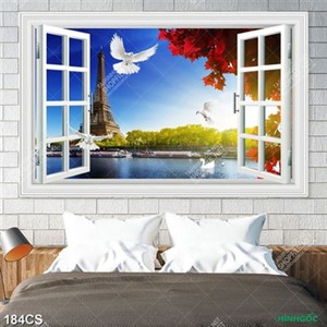 Tranh cửa sổ hướng ra tháp Eiffel bên dòng sông in kính